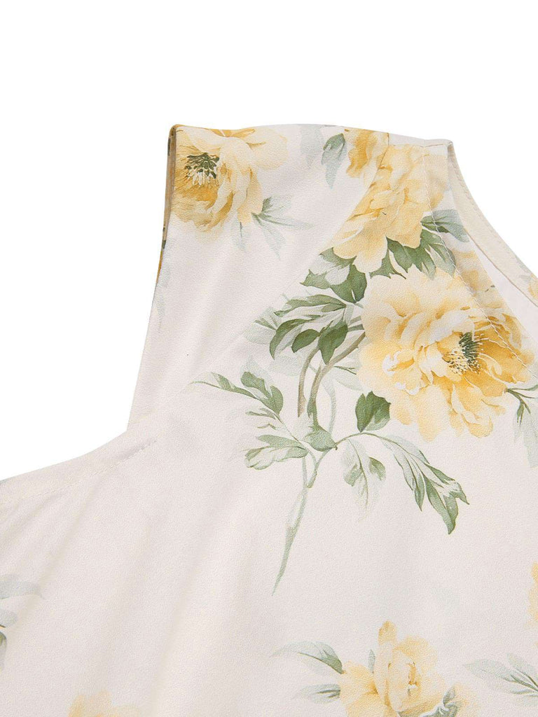 Robe jaune à fleurs antique col bateau ceinturée années 1950