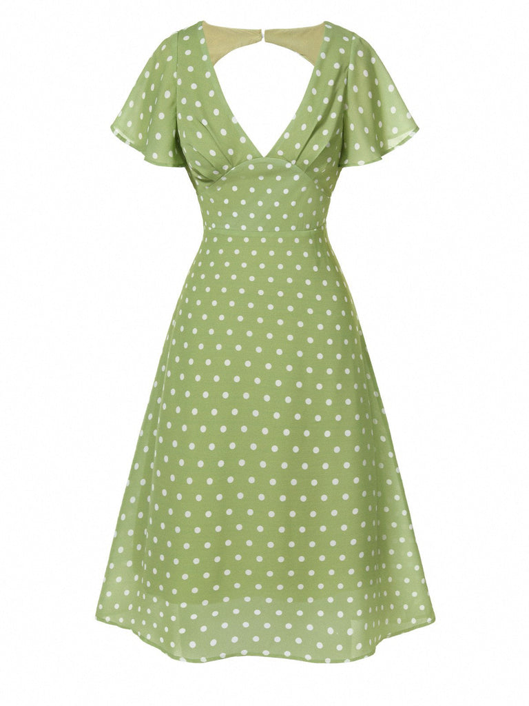 [Prévente] Robe verte à pois ajourés dans le dos des années 40