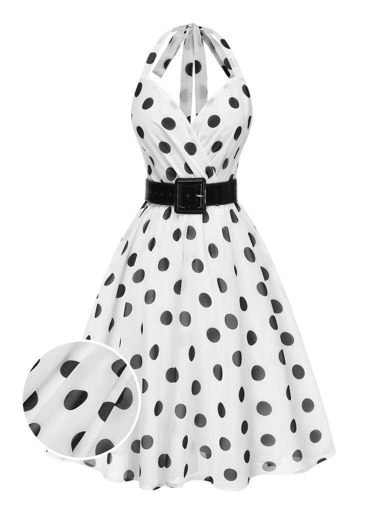 Robe blanche en mousseline à pois et ceinture cocktail années 1950