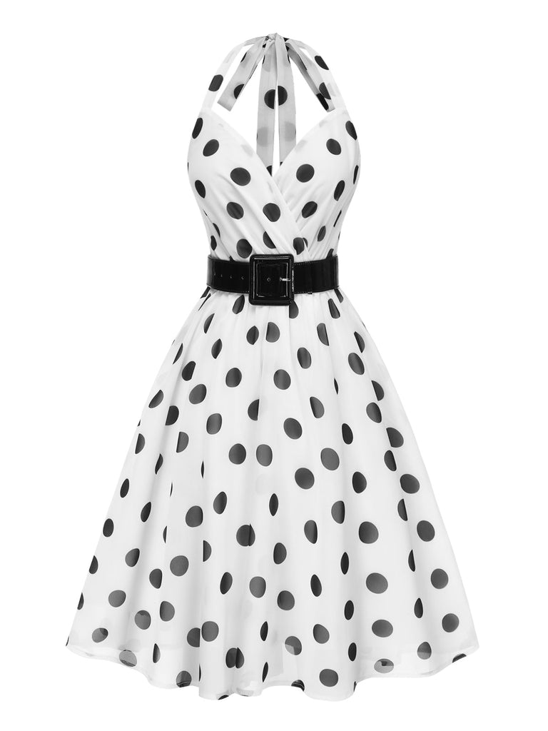 Robe blanche en mousseline à pois et ceinture cocktail années 1950