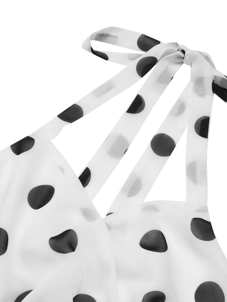 Robe blanche en mousseline à pois et ceinture cocktail années 1950