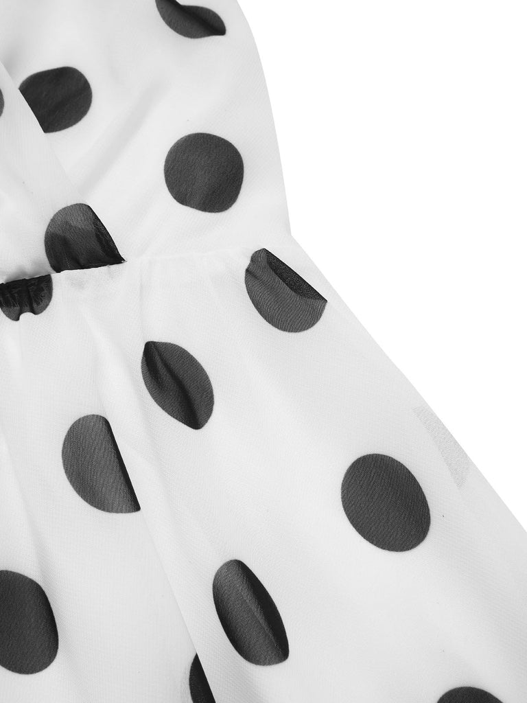 Robe blanche en mousseline à pois et ceinture cocktail années 1950