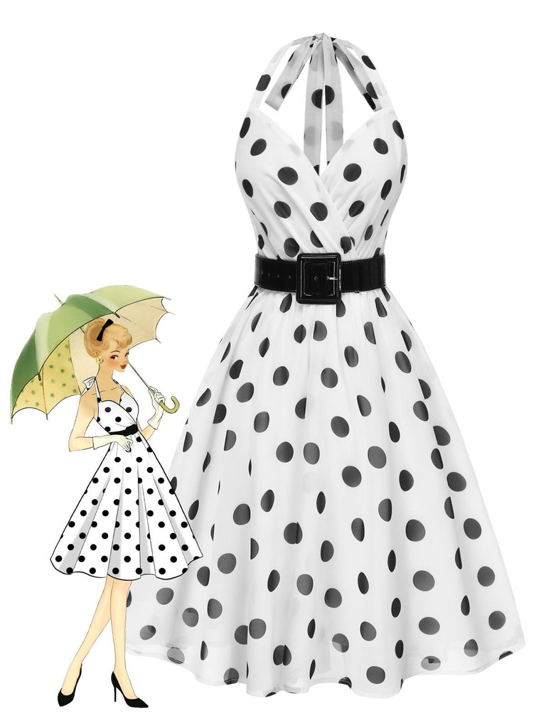 Robe blanche en mousseline à pois et ceinture cocktail années 1950