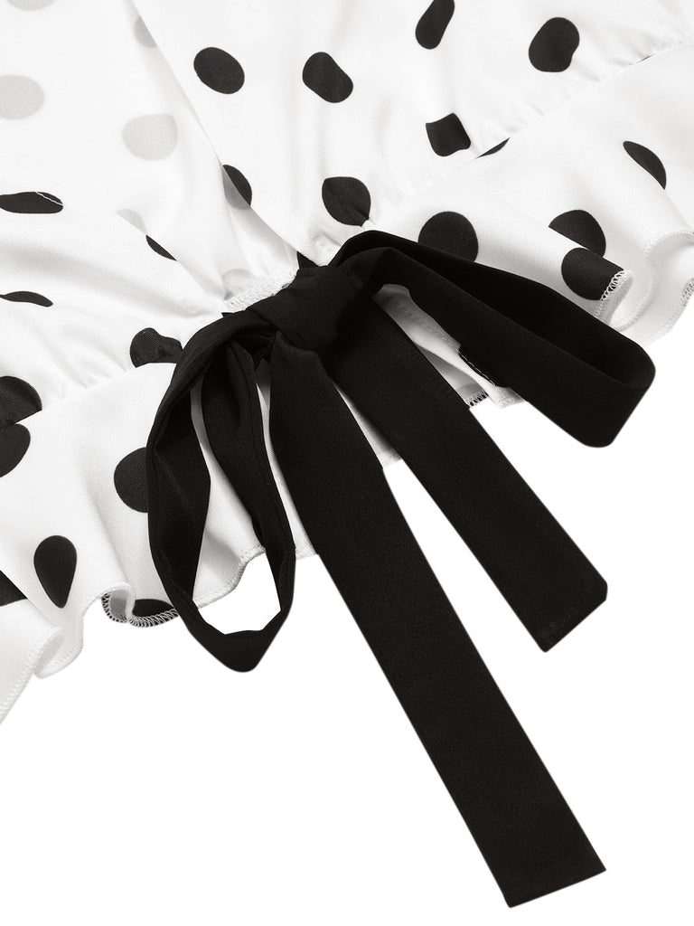 2PCS haut à pois et pantalon droit blanc et noir années 50