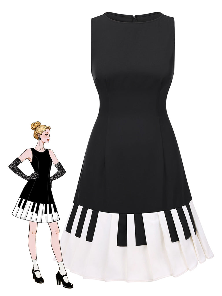 [Prévente] Robe noire patchwork à col bateau et touches de piano des années 1960