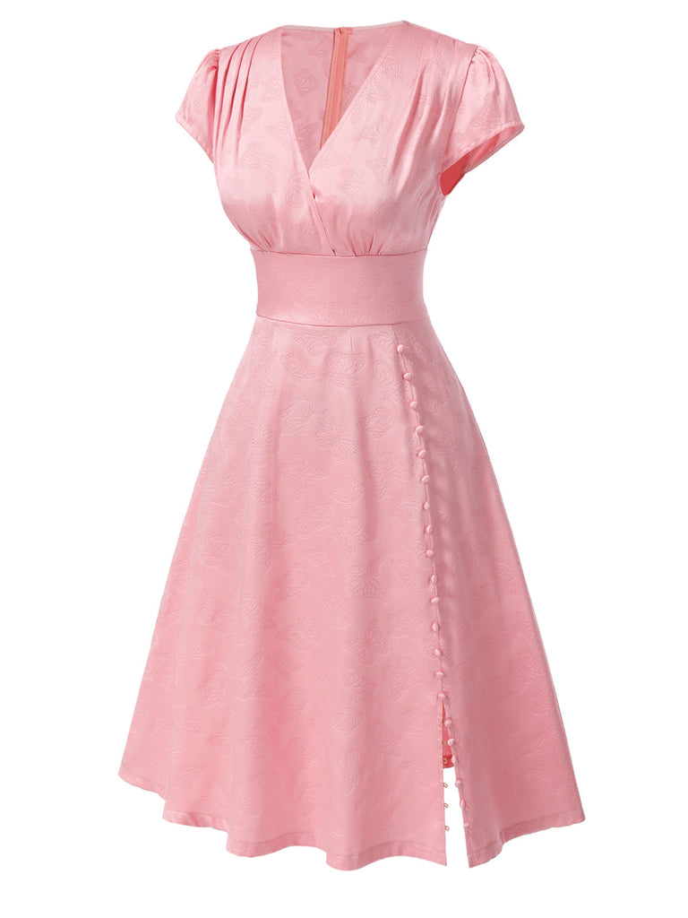 Robe en satin rose col V profond papillon jacquard des années 1940