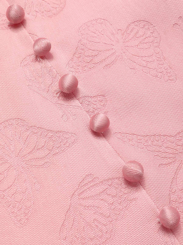 Robe en satin rose col V profond papillon jacquard des années 1940