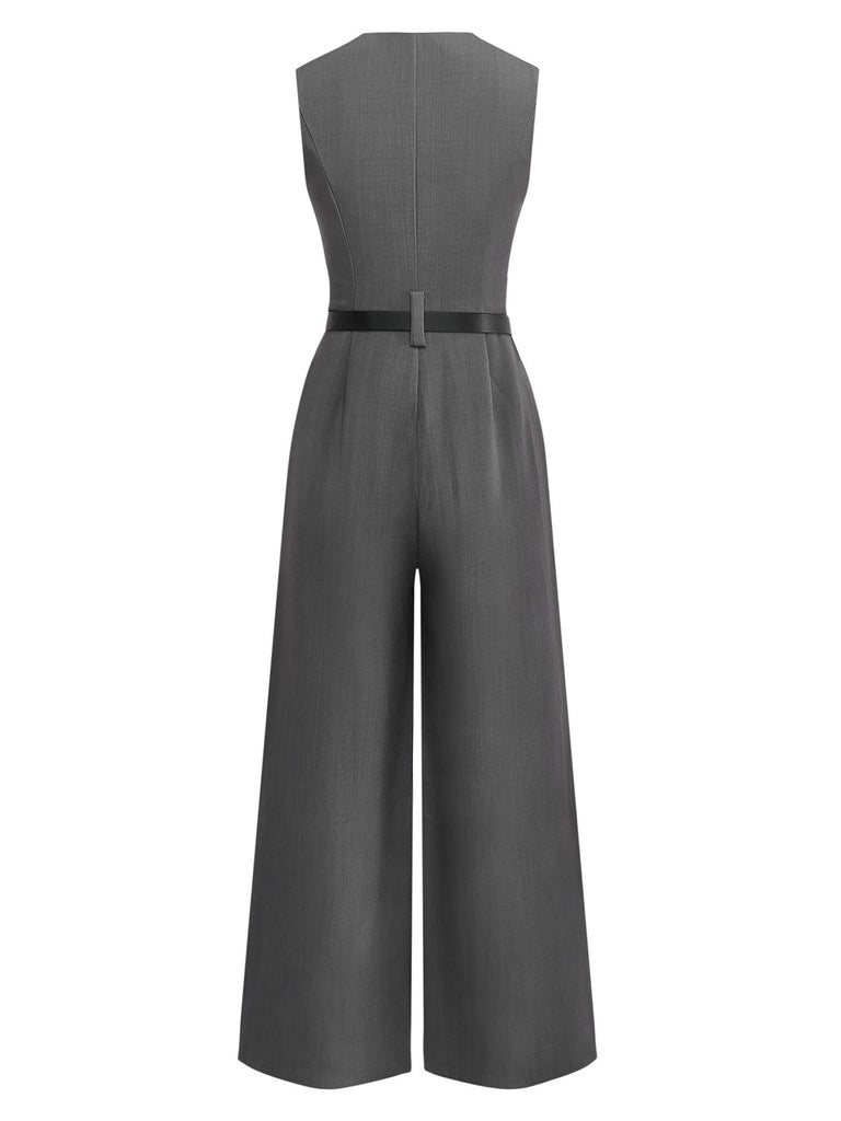 Combinaison de bureau grise unie sans manches avec ceinture années 1930