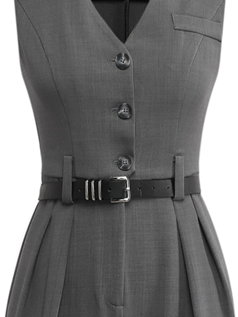 Combinaison de bureau grise unie sans manches avec ceinture années 1930
