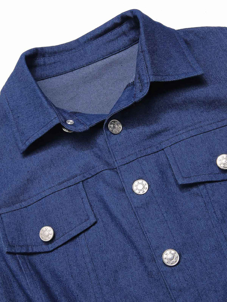 Combishort en jean marron uni en coton à poches des années 1970