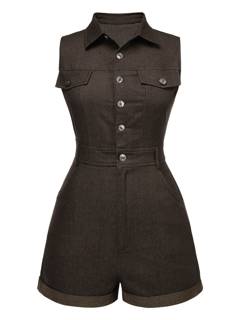 Combishort en jean bleu uni en coton à poches des années 1970