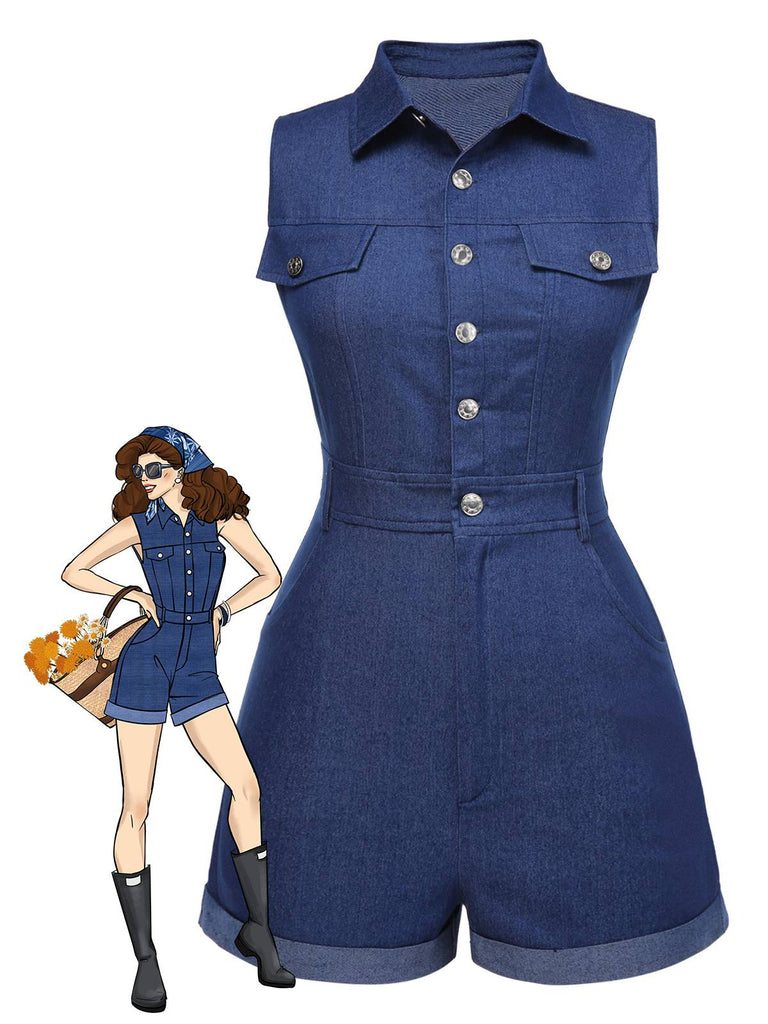 [Prévente] Combishort en jean bleu uni en coton à poches des années 1970