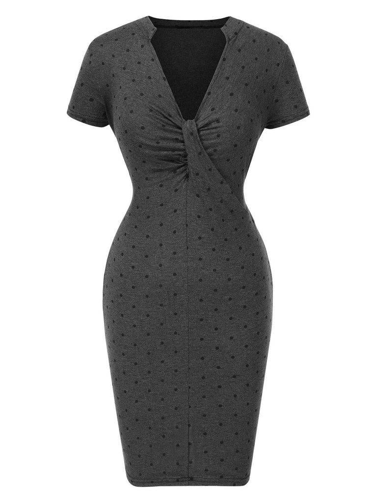 Robe moulante grise à pois et col en V années 1960