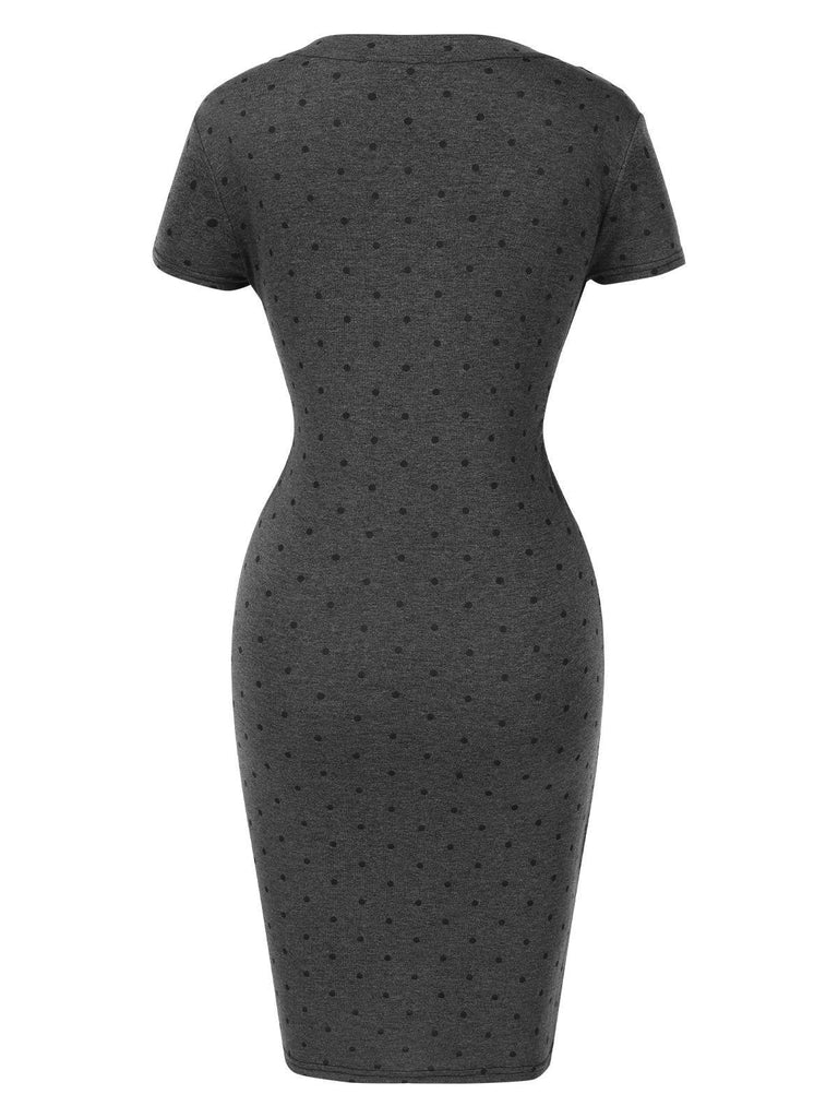 Robe moulante grise à pois et col en V années 1960