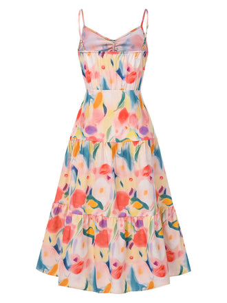 Robe à bretelles à imprimé floral aquarelle des années 1970