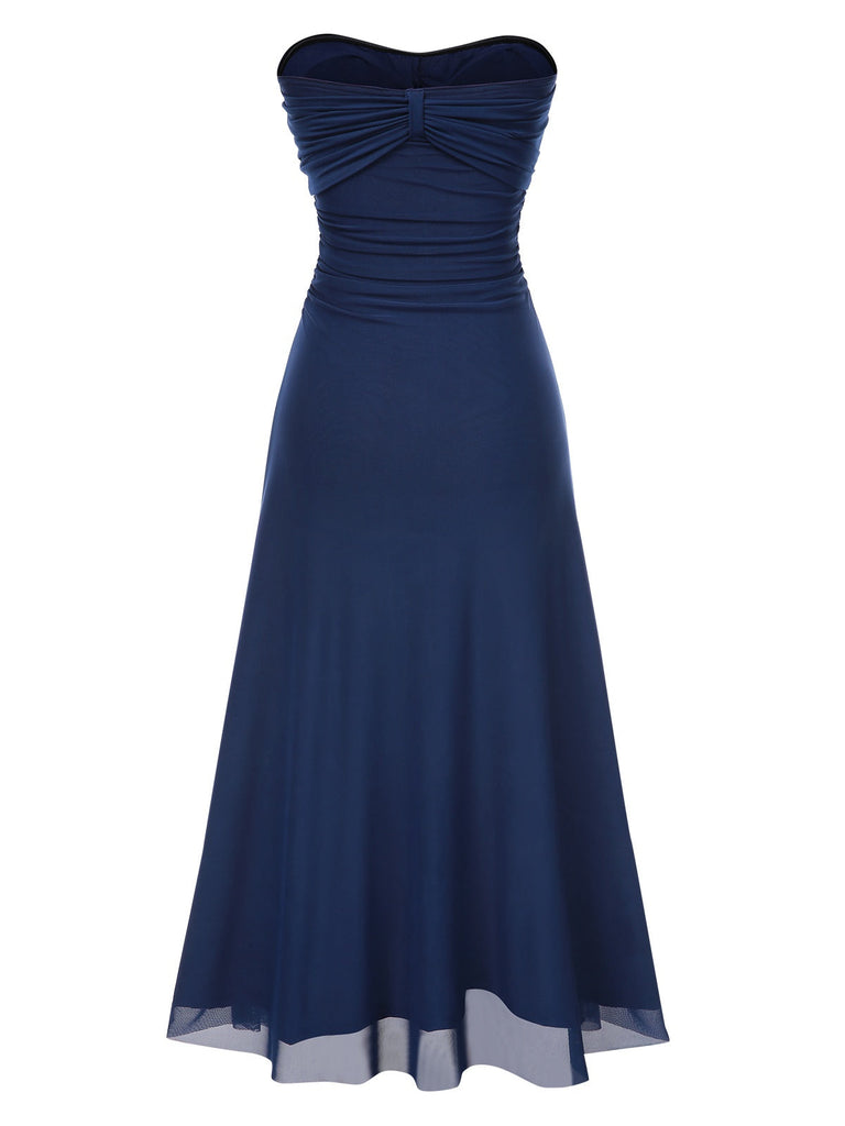 Robe bandeau bleue en maille à pierres précieuses années 1930 avec foulard