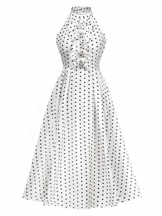 Robe blanche dos nu à pois et nœud évidée années 1950