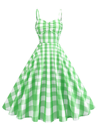 Robe verte carreaux vichy et bretelles froncées années 1950