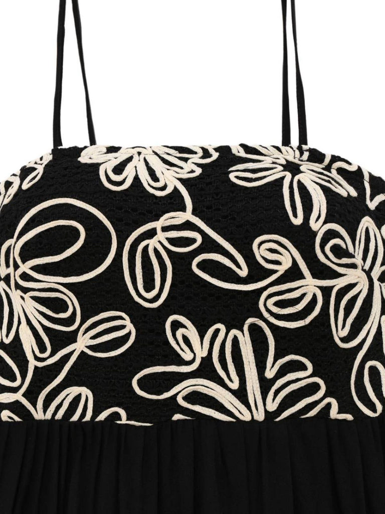 Robe noire à bretelles en nœud texturées et florales des années 1950