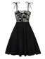 Robe noire à bretelles en nœud texturées et florales des années 1950