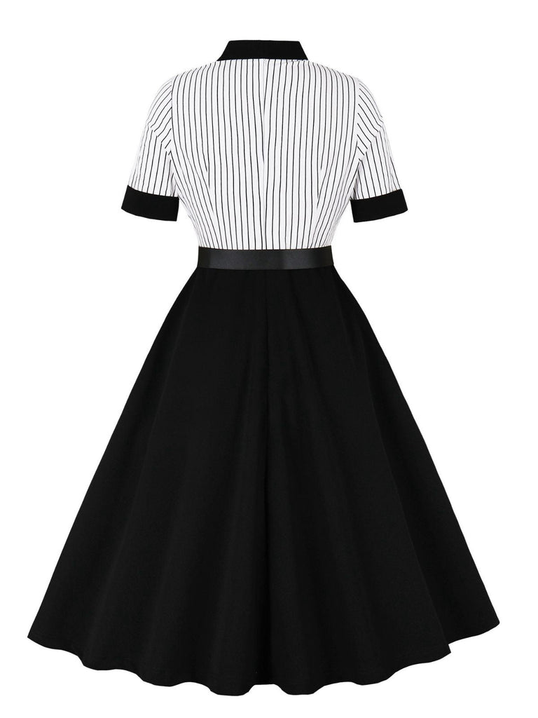 Robe noire rayures verticales col revers patchwork des années 1950