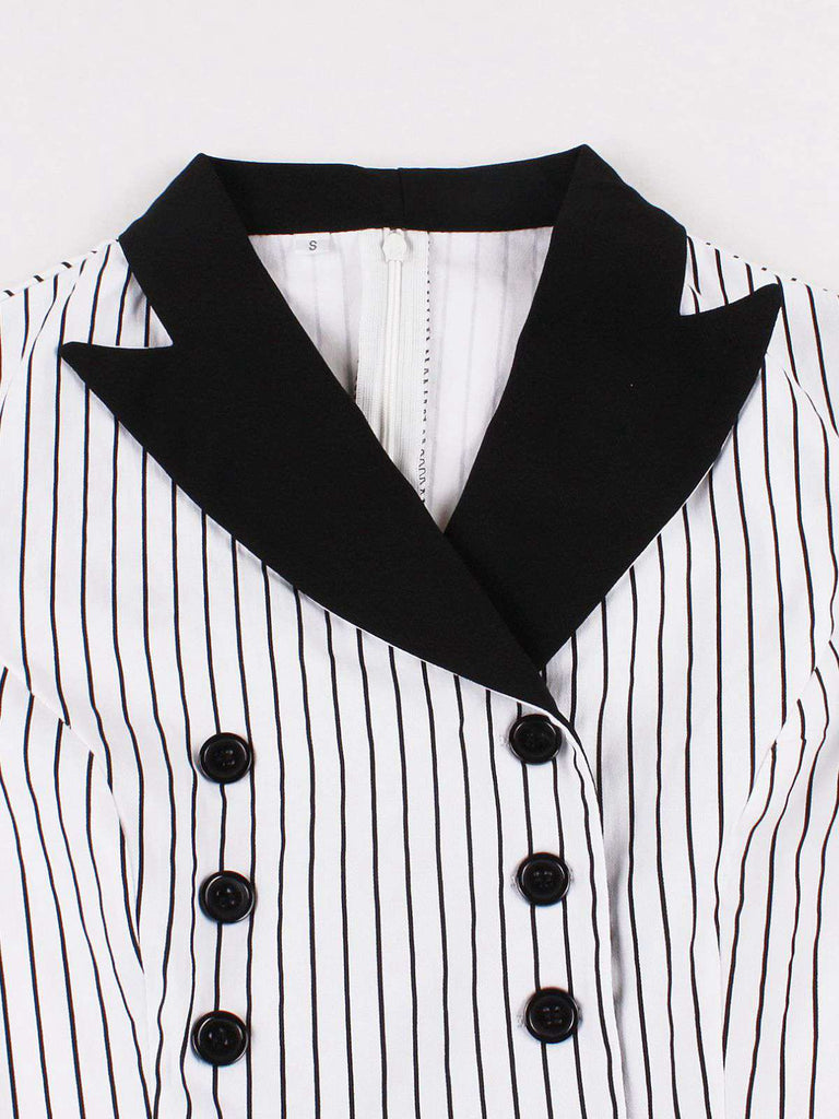 Robe noire rayures verticales col revers patchwork des années 1950