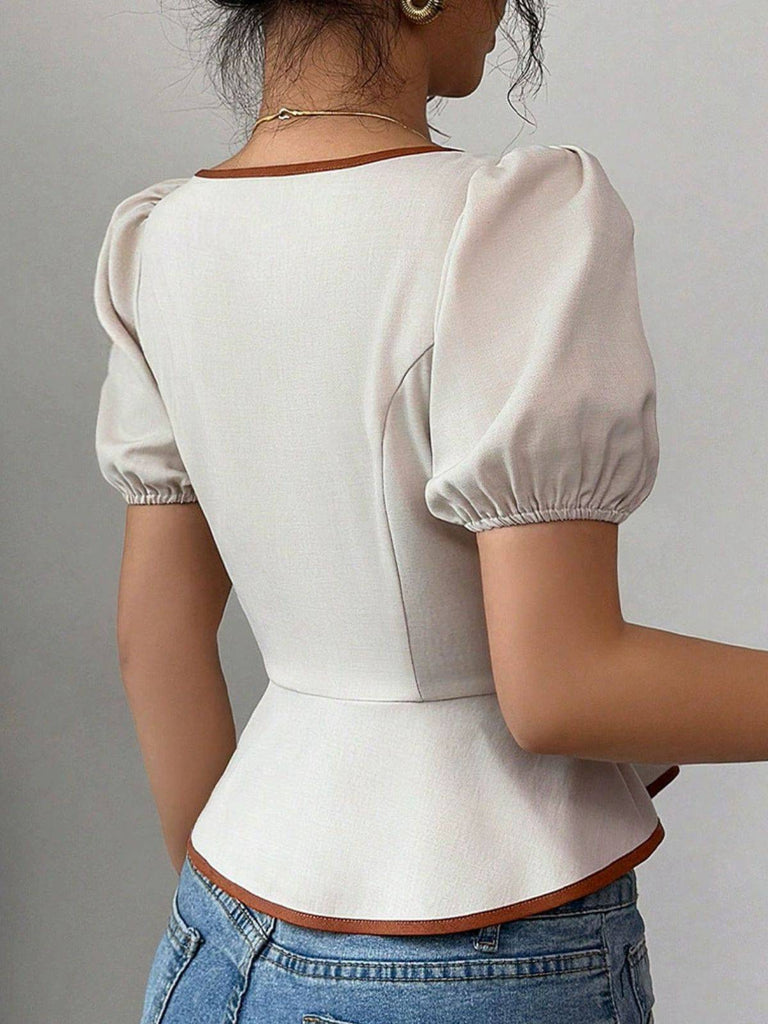 Haut à lacets contrasté blanc manches bouffantes années 1950