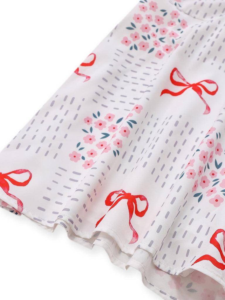 Combishort rose revers motif nœud et florale avec ceinture années 1950