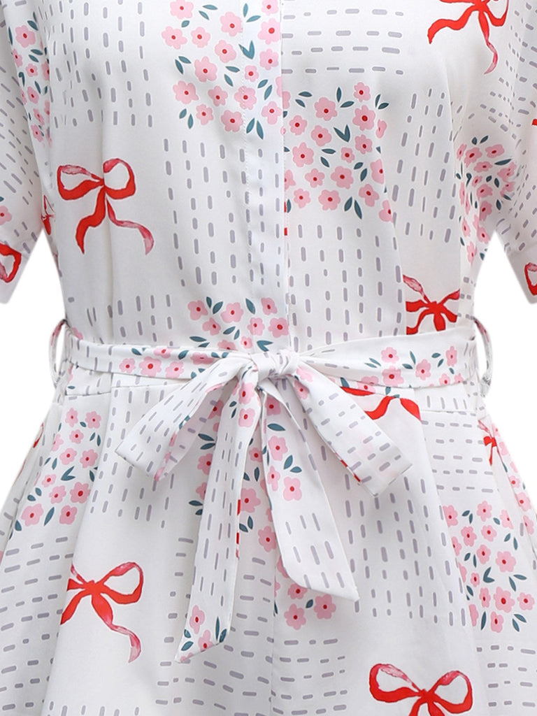 Combishort rose revers motif nœud et florale avec ceinture années 1950