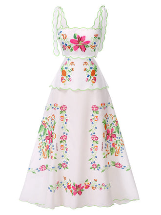 Robe blanche imprimé floral avec lien au dos des années 1940
