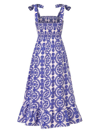 Robe sans manches à bretelles bohème bleue des années 1970