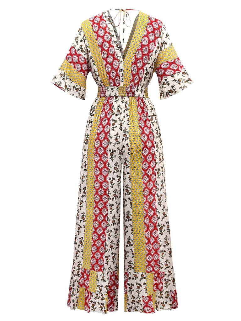 Combinaison jaune motif tribal floral bohème des années 1970