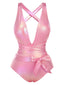 Maillot de bain rose métallisé à lacets des années 1970