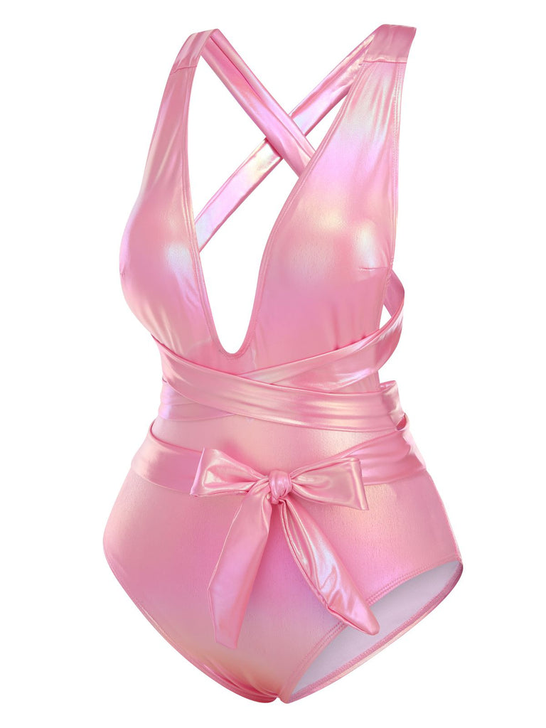 Maillot de bain rose métallisé à lacets des années 1970