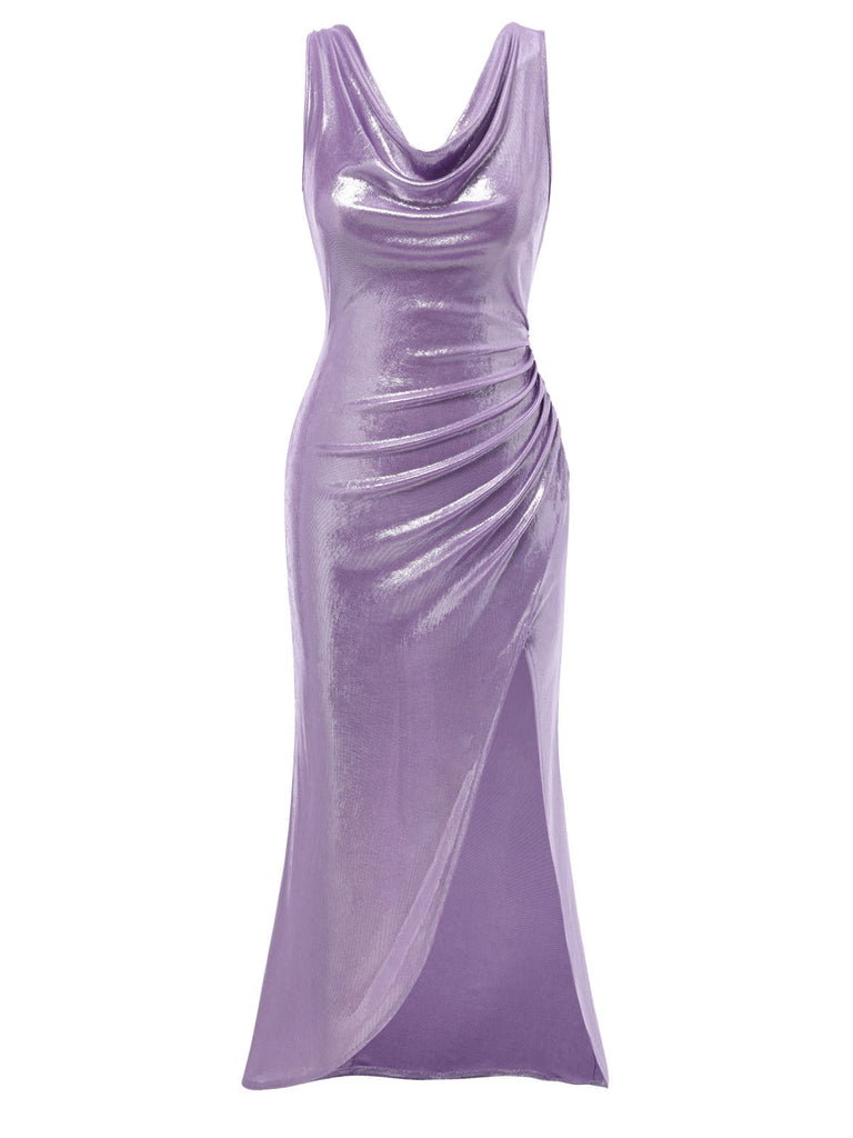 [Prévente] Robe lavande col bénitier avec fente haute luminosité nacrée des années 1960