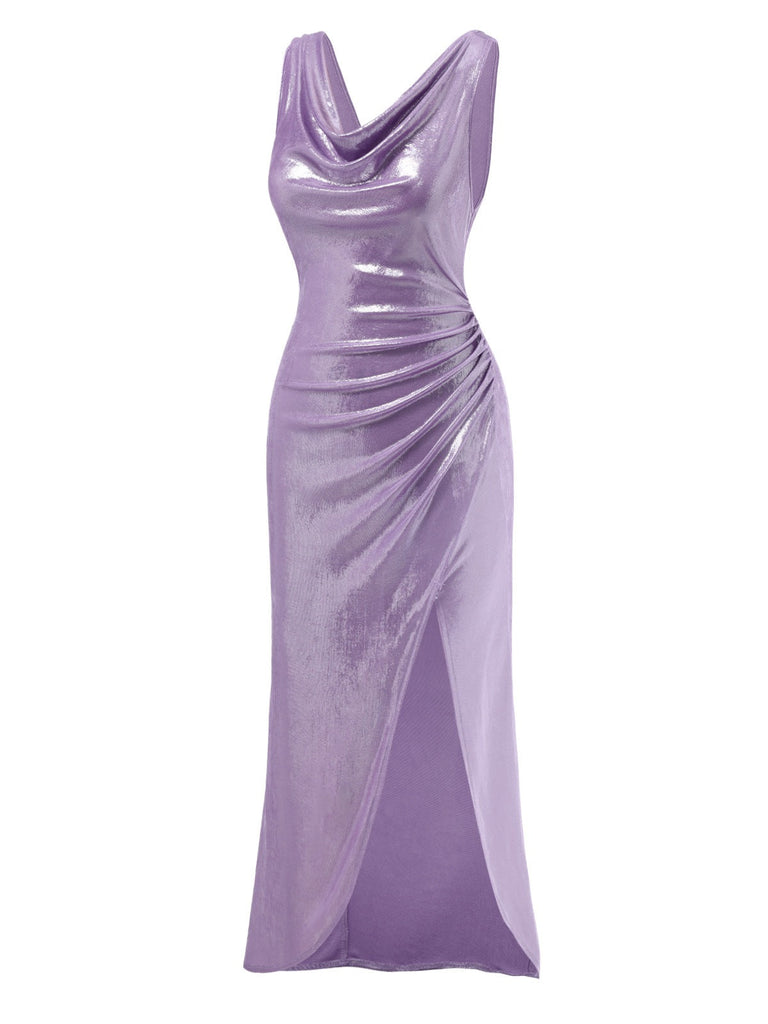 [Prévente] Robe lavande col bénitier avec fente haute luminosité nacrée des années 1960