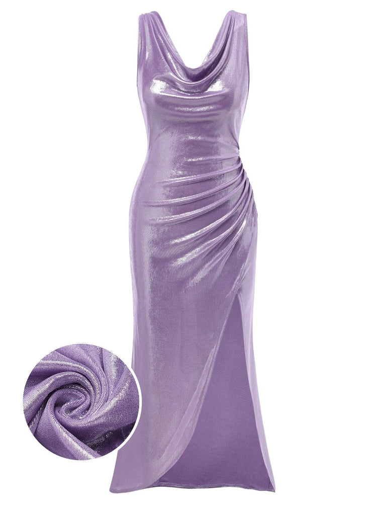 [Prévente] Robe lavande col bénitier avec fente haute luminosité nacrée des années 1960