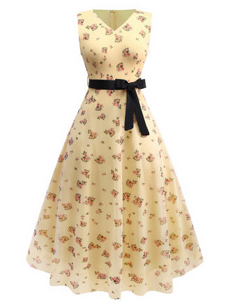 Robe jaune petites fleurs en maille sans manches et ruban années 1930