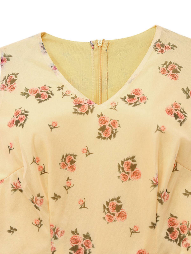 Robe jaune petites fleurs en maille sans manches et ruban années 1930