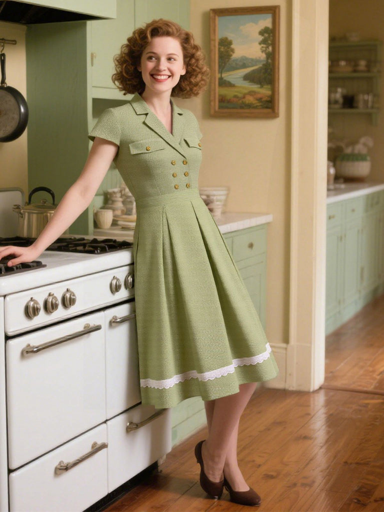 Robe en coton à carreaux vichy et dentelle verte des années 1940