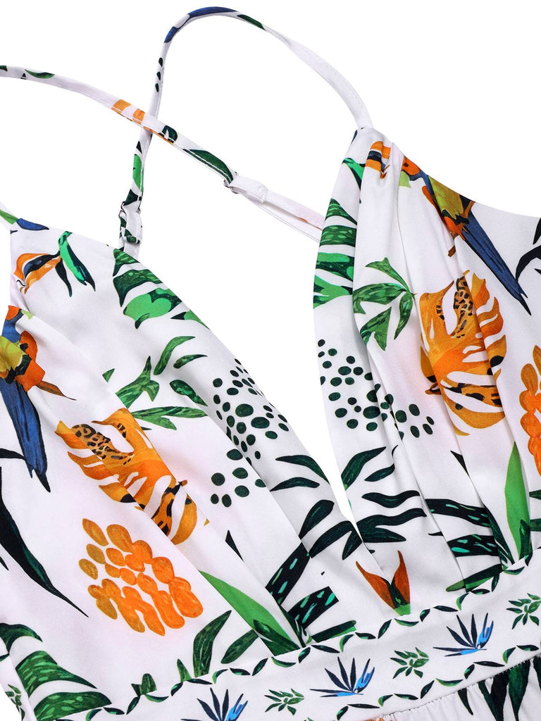 Robe à bretelles col V profond plantes tropicales des années 1930