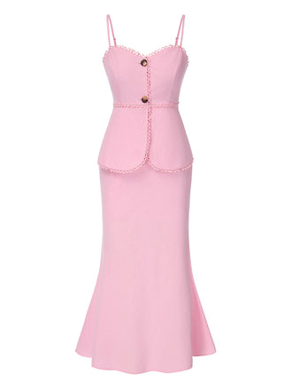 2PCS Caraco et jupe queue de poisson en coton rose uni des années 1930