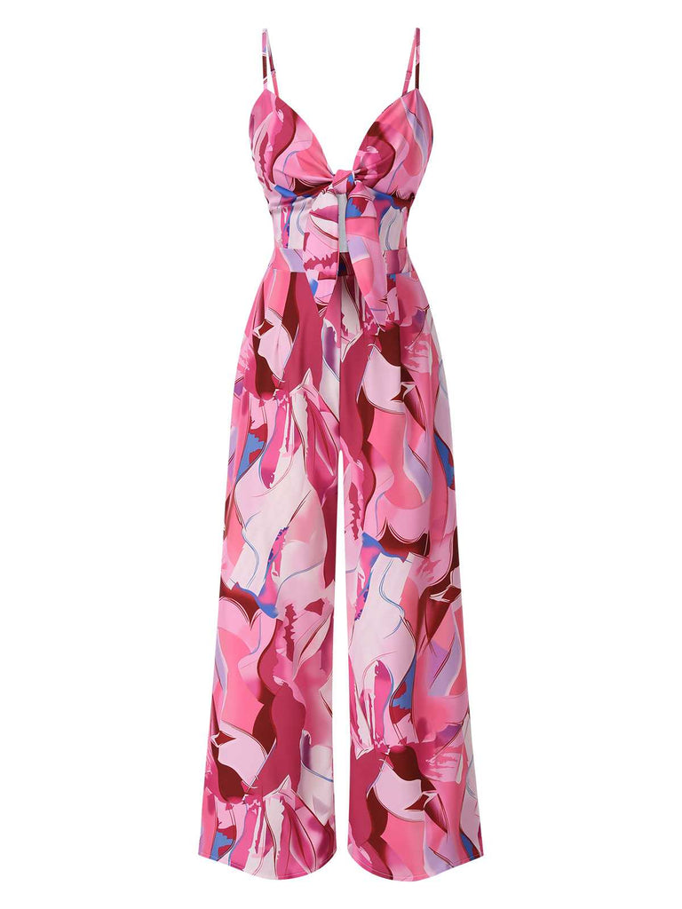 Combinaison bretelles rose motif psychédélique et nœud devant années 1970