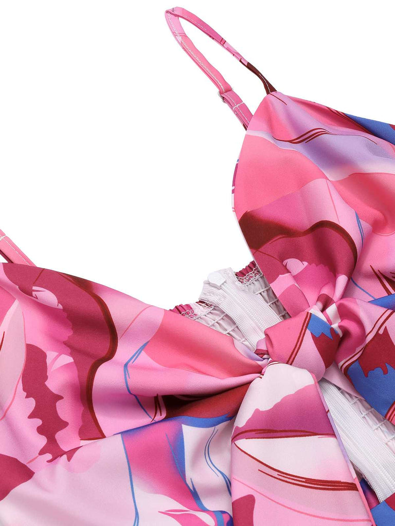 Combinaison bretelles rose motif psychédélique et nœud devant années 1970