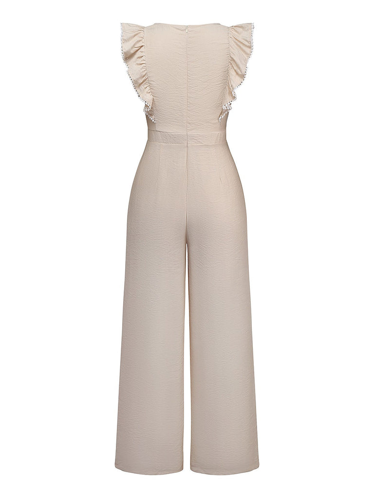Combinaison beige unie à volants et manches courtes années 1950