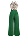 2PCS Haut dos nu motifs de plantes tropicales et pantalon texturé vertes années 1950