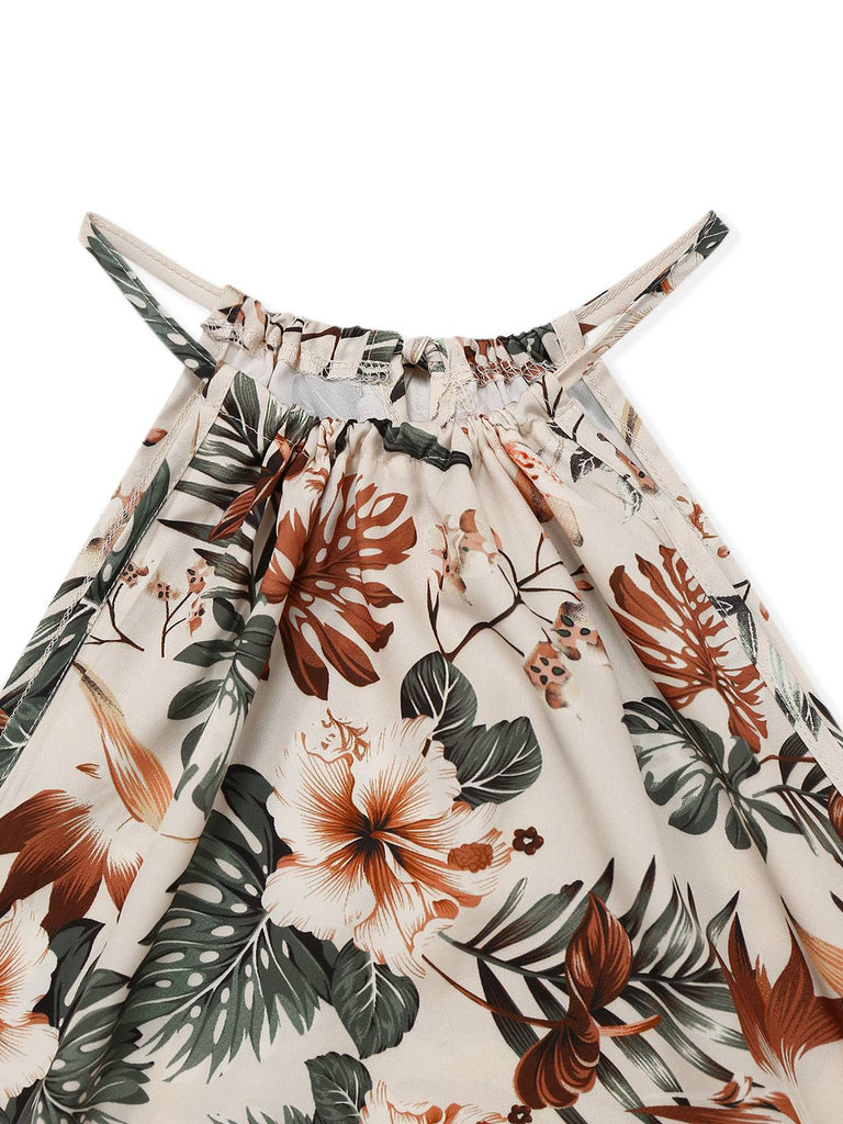 2PCS Haut dos nu motifs de plantes tropicales et pantalon texturé vertes années 1950