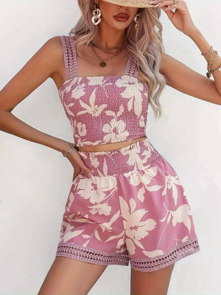 2PCS Camisole et short à bretelles larges et smockés à fleurs des années 1960