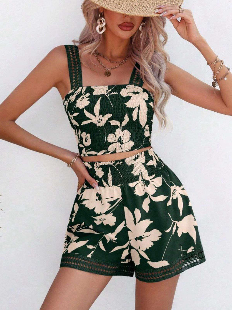 2PCS Camisole et short à bretelles larges et smockés à fleurs des années 1960