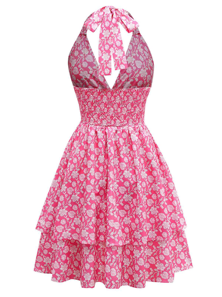 Robe rose pêche licou à fleurs et smocks années 1960